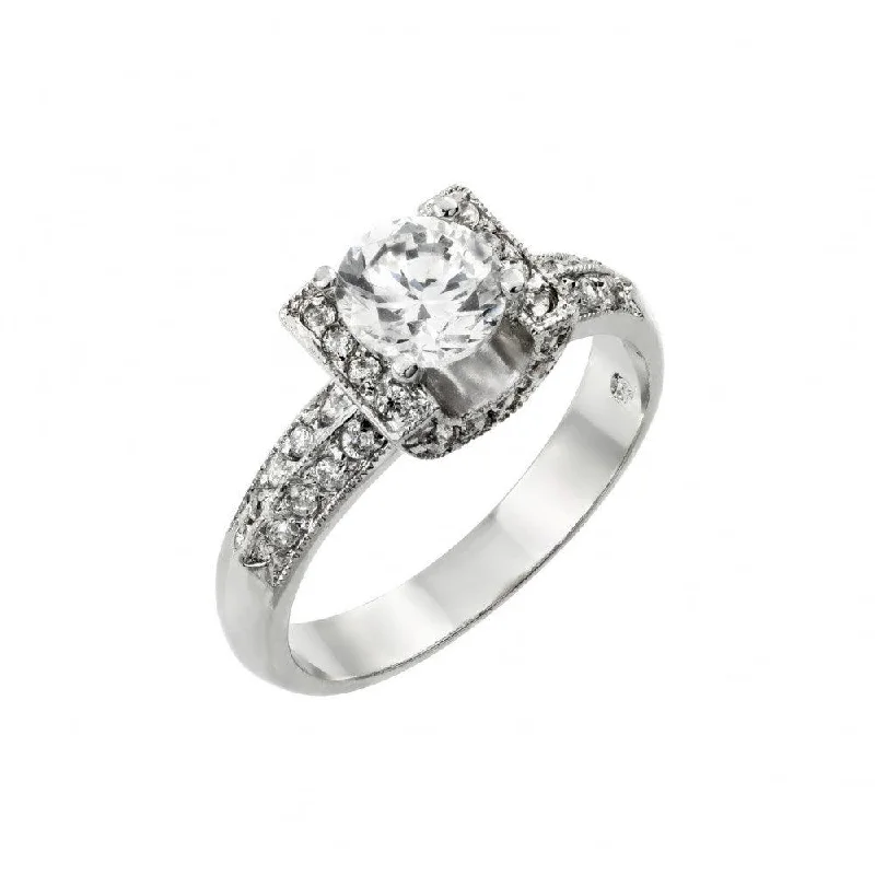 ladies ring set-Silver 925 Rhodium Plated Clear Round Center and Pave Set CZ Square Ring - BGR00895