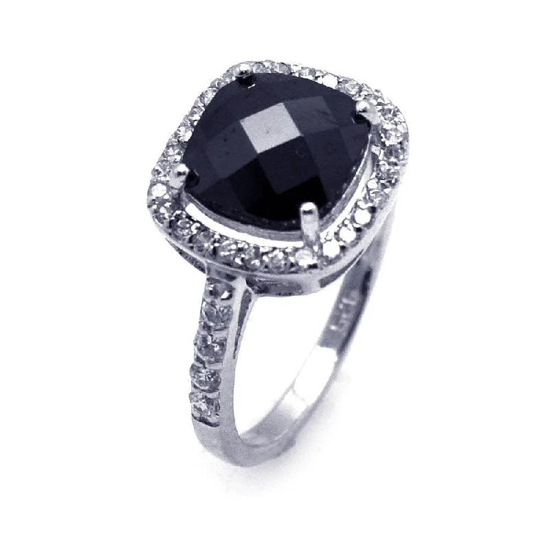 ladies ring lab-grown stones-Silver 925 Rhodium Plated Black Center and Cluster CZ Ring - STR00597