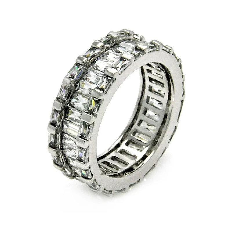 ladies ring chunky gold-Silver 925 Rhodium Plated Clear Baguette Channel Set CZ Eternity Ring - BGR00405