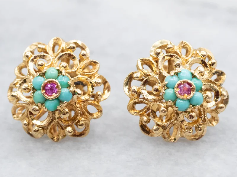 ladies earrings oval gold-Turquoise and Pink Sapphire Stud Earrings