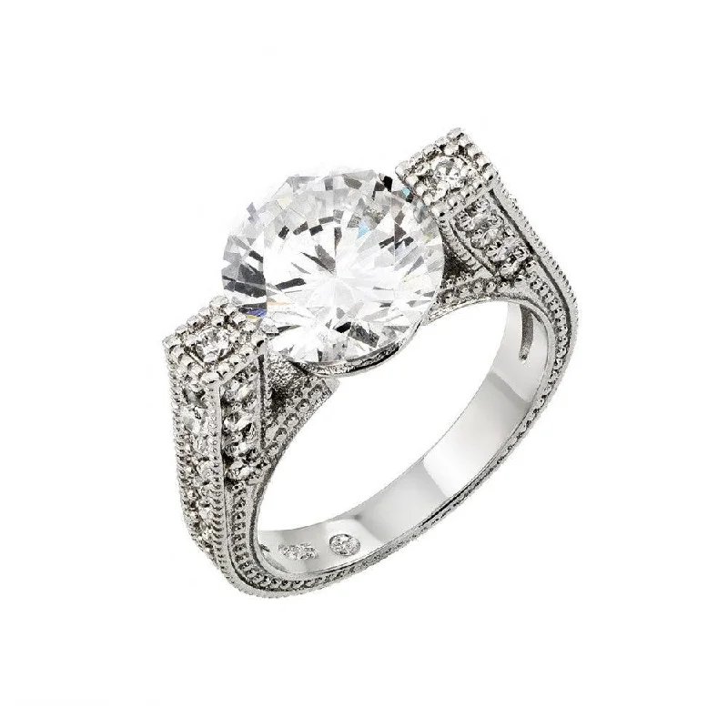 ladies ring for wedding-Silver 925 Rhodium Plated Clear Round Center and Pave Set CZ Ring - BGR00758