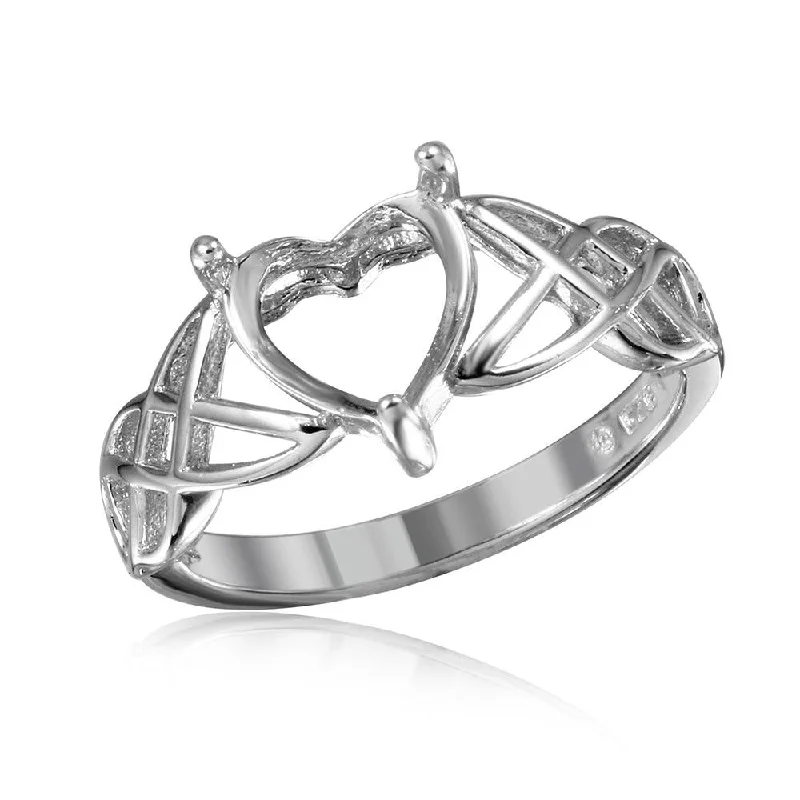 ladies ring for her-Silver 925 Rhodium Plated Criss Cross Designed Shank Heart Mounting Ring - BGR01016