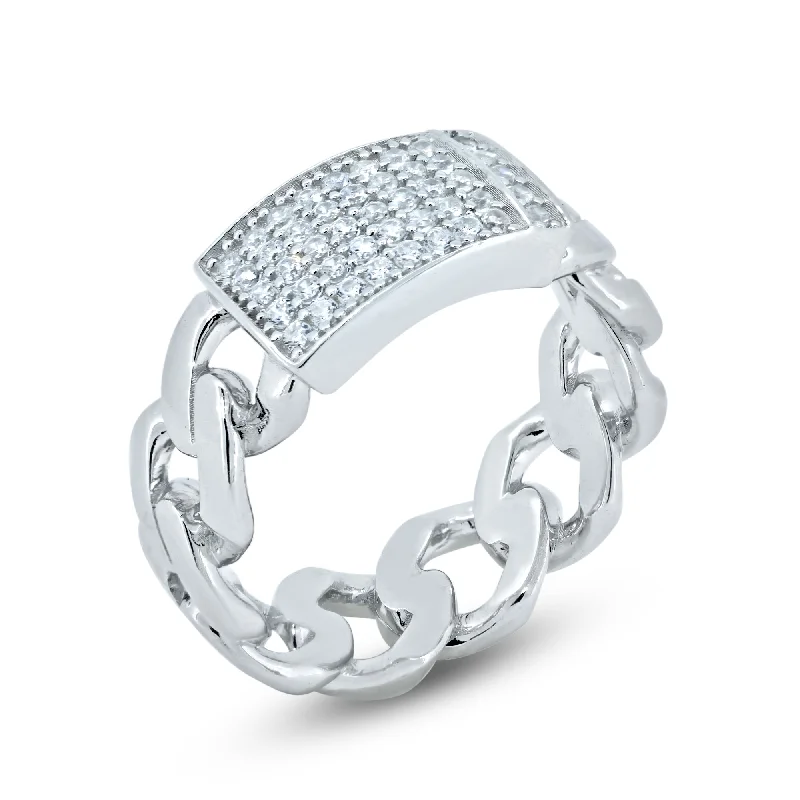 ladies ring holiday gift-Rhodium Plated 925 Sterling Silver CZ Encrusted ID Cuban Link Ring - GMR00372