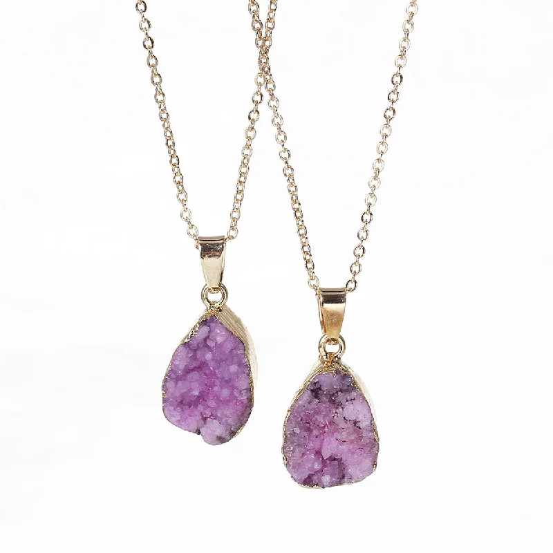 Ladies necklaces social media trends-SEXY SPARKLES Natural Stone Druzy Drusy Necklace Pendant Link Cable Chain Purple Drop