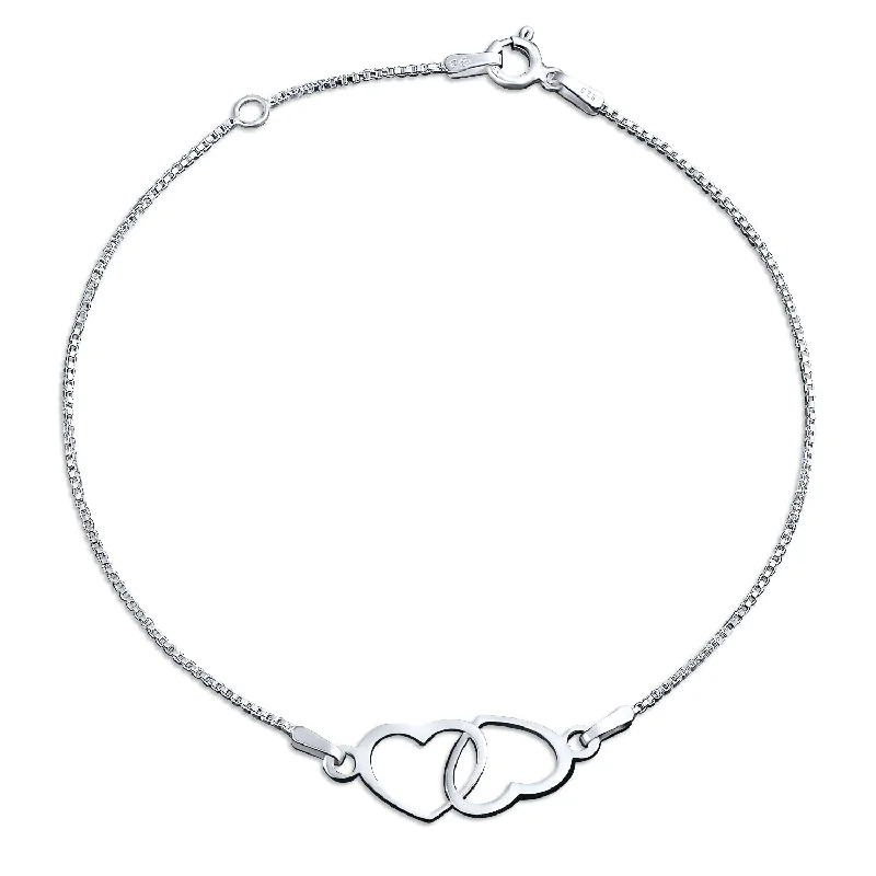 Ladies bracelets polished shiny styles-Romantic Interlocking Hearts Anklet Ankle Bracelet Sterling Silver 9-10"