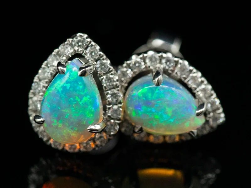 ladies earrings gift for wife-Teardrop Opal and Diamond Halo Stud Earrings