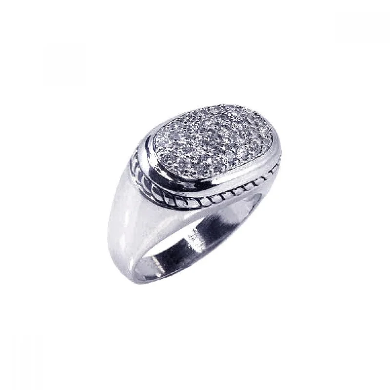 ladies ring engraved patterns-Silver 925 Rhodium Plated Micro Pave Clear CZ Oval Ring - STR00294