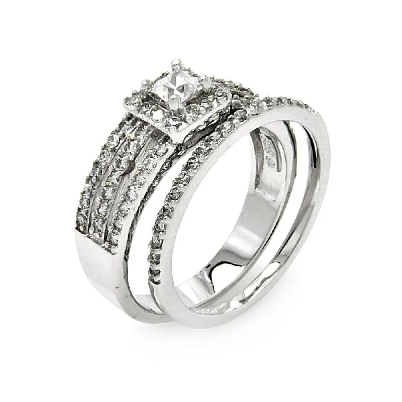 ladies ring winter gold-Silver 925 Rhodium Plated 3 Row Clear Square Center CZ Bridal Ring Set - BGR00457