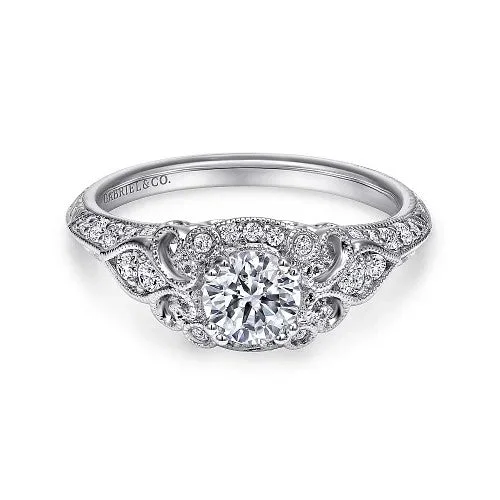 ladies engagement ring premium-Abel - Unique 14K White Gold Vintage Inspired Diamond Halo Engagement Ring (Setting Only)