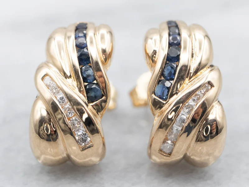 ladies earrings round silver-Yellow Gold 1980's Sapphire and Diamond Swirling Stud Earrings