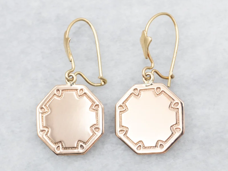 ladies earrings platinum finish-Rose and Yellow Gold Octagonal Cufflink Conversion Drop Earrings