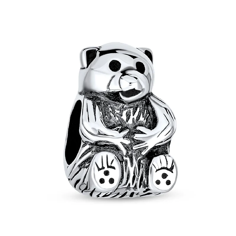 Ladies bracelets African motif styles-Cute Teddy Bear Charm Bead in Oxidized Sterling Silver for European Bracelets