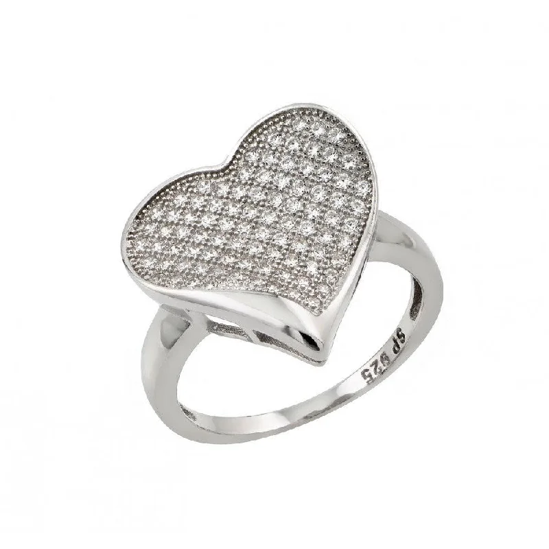 ladies ring opal gold-Silver 925 Rhodium Plated Micro Pave Set Clear CZ Heart Ring - STR00964