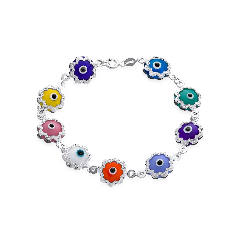 Ladies bracelets tribal pattern styles-Protection Amulet Strand Bracelet with Multi-Color Evil Eye Charms Sterling Silver