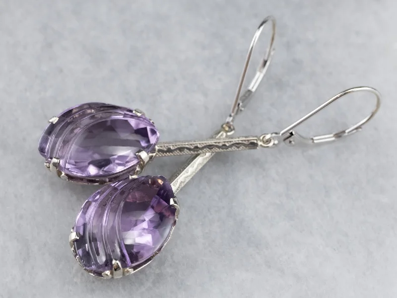 ladies earrings chain-Engraved Bar Drop White Gold Amethyst Earrings