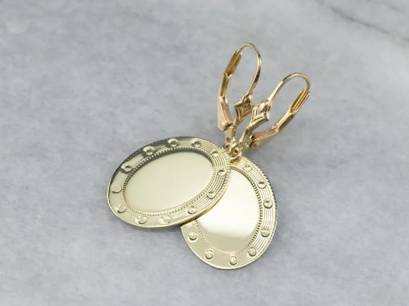 ladies earrings shell gold-Green Gold Oval Disk Drop Earrings