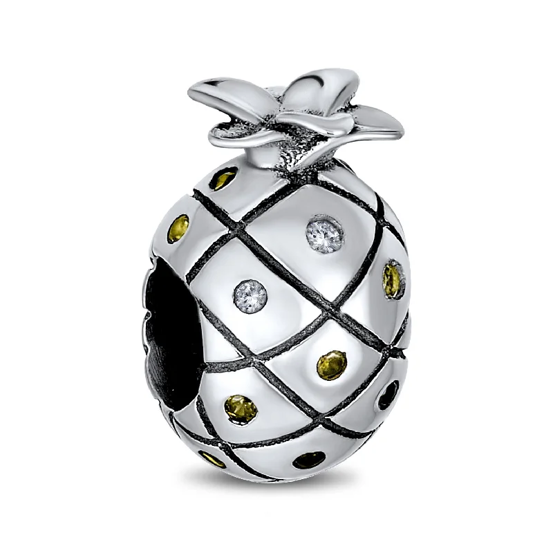 Ladies bracelets polished shiny styles-Tropical Pineapple Charm Bead with Golden CZ for European Bracelets Sterling Silver