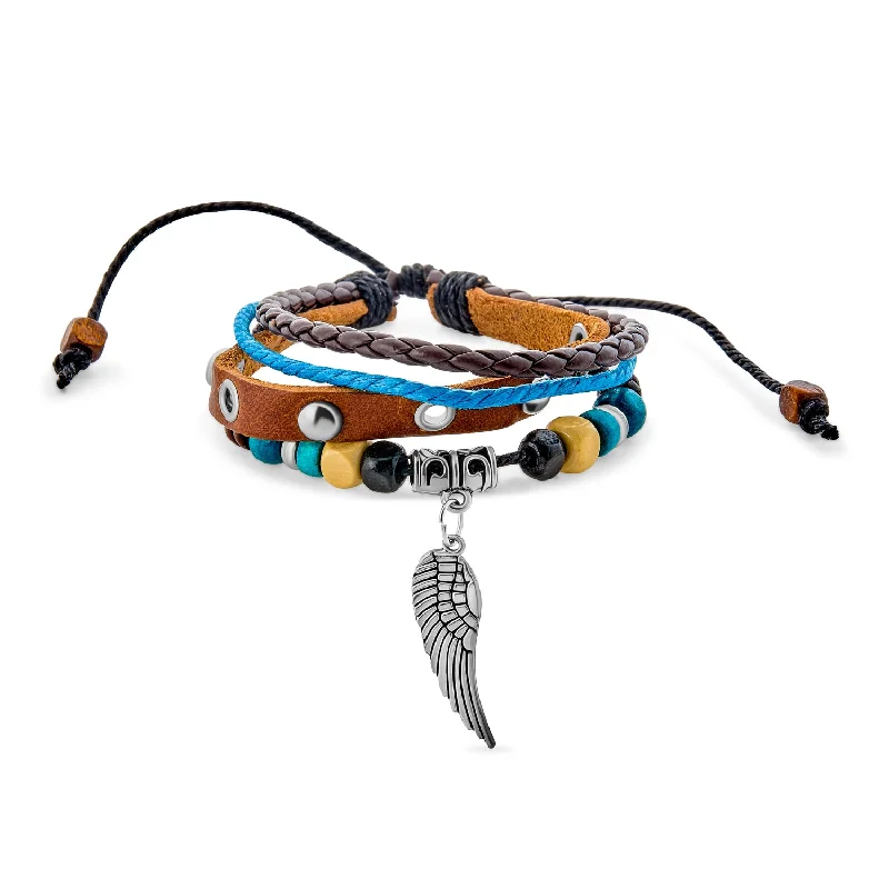 Ladies bracelets black diamond bracelets-Bohemian Leather Triple Wrap Bracelet with Turquoise Beads and Angel Wing Charm