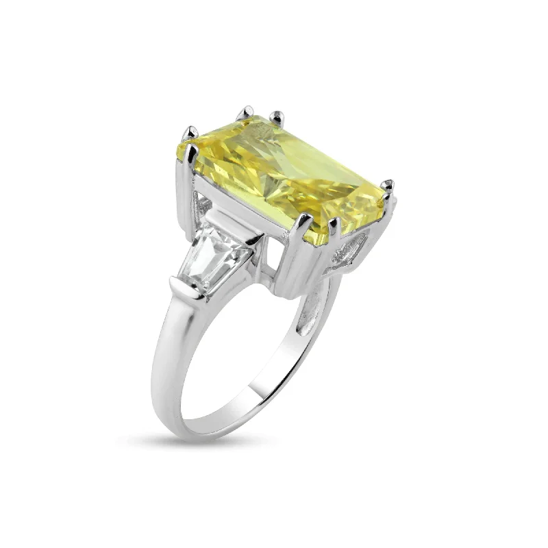 ladies ring abstract platinum-Silver 925 Rhodium Plated Rectangular Yellow Center and Clear CZ Ring - STR00453YEL