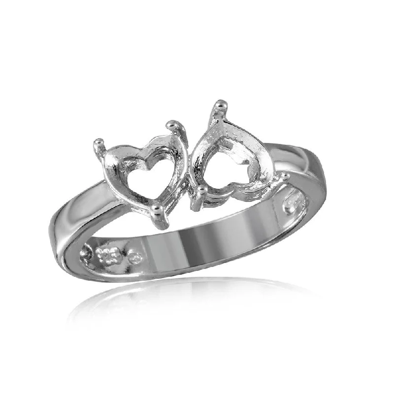 ladies ring for mother-Silver 925 Rhodium Plated Reversed Double Hearts Mounting Ring - BGR00499