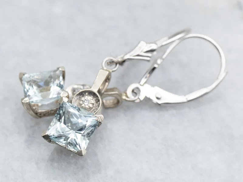 ladies earrings best deals-Princess Cut Aquamarine Drop Earrings with Diamond Accents