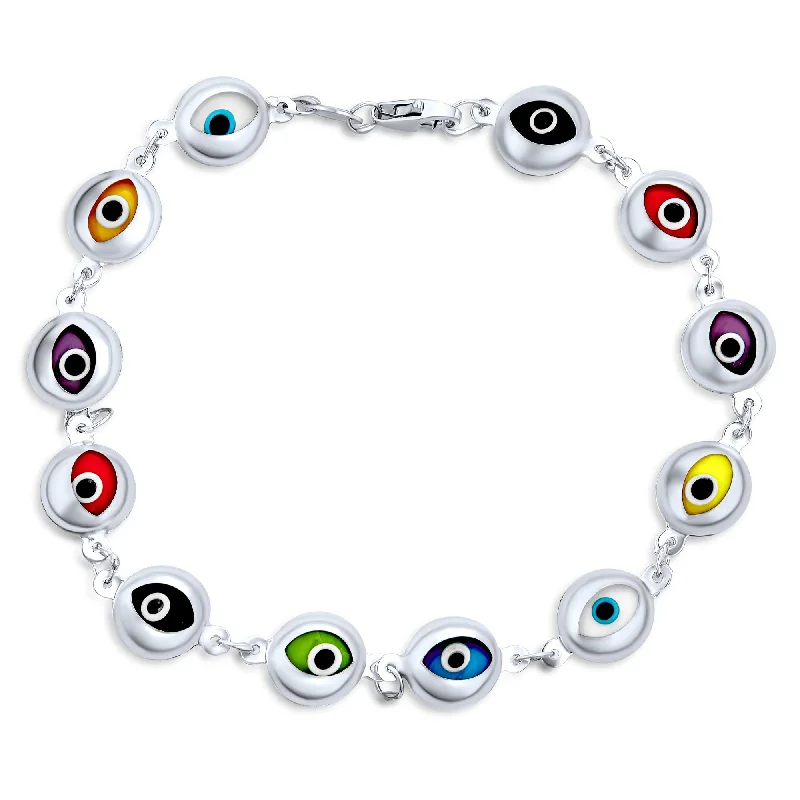 Ladies bracelets online shopping deals-Turkish Multicolor Evil Eye Strand Bracelet with Flower Charms Sterling Silver