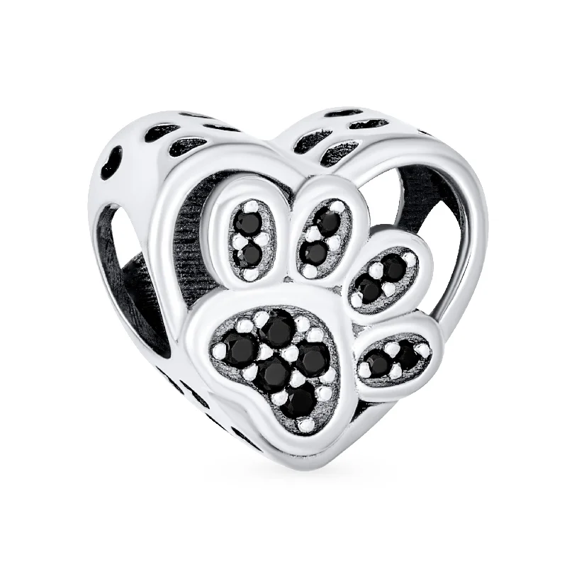 Ladies bracelets durable craft bracelets-Black CZ Heart Paw Print Charm Bead for Pet Lovers - Fits European Bracelet