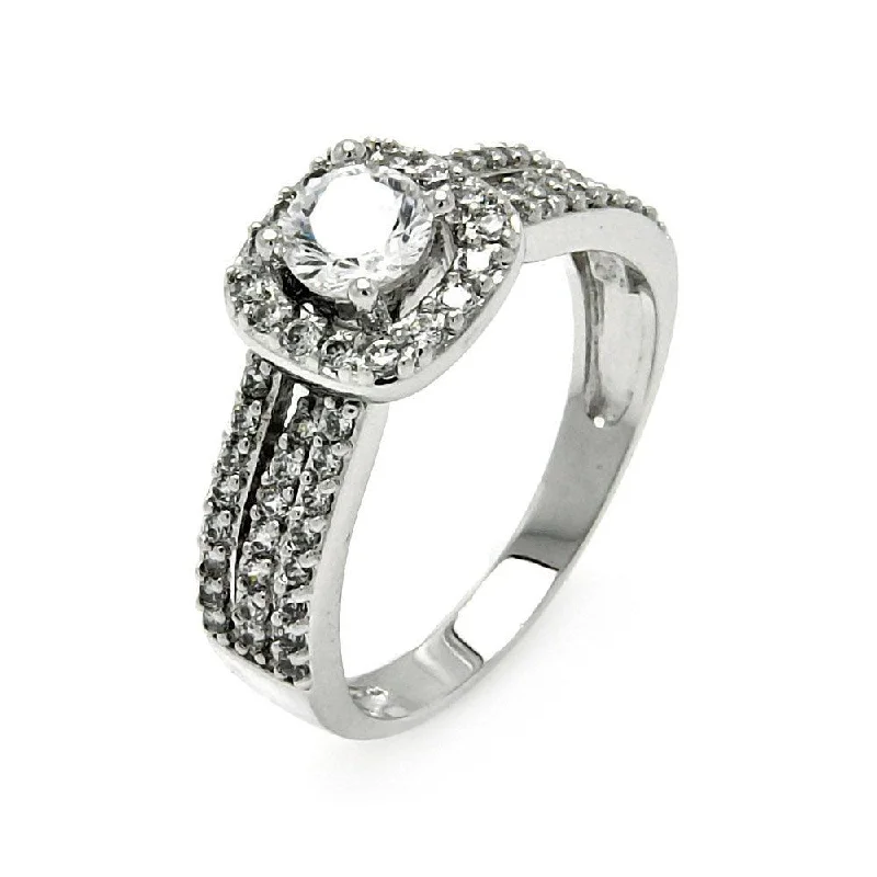 ladies ring modern-Silver 925 Rhodium Plated Round Pave Set Center CZ Square Ring - BGR00464