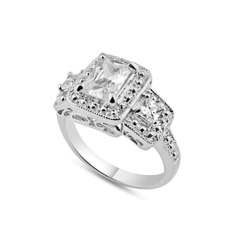 ladies ring pearl silver-Rhodium Plated 925 Sterling Silver 3 Set Square Clear CZ Bridal Ring - BGR00552