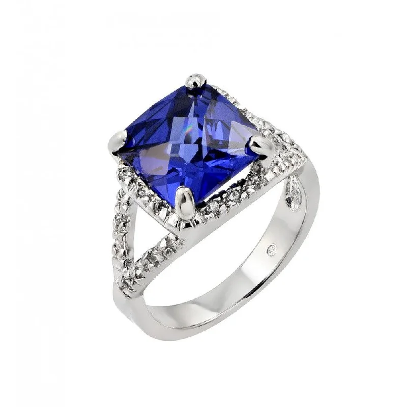 ladies ring premium-Silver 925 Rhodium Plated Blue Princess Cut Center and Clear CZ Ring - BGR00771