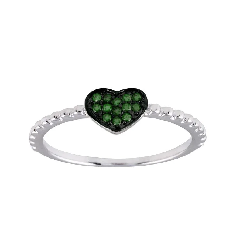 ladies ring bezel set-Rhodium Plated 925 Sterling Silver Beaded Heart Green CZ Ring - BGR01245GRN