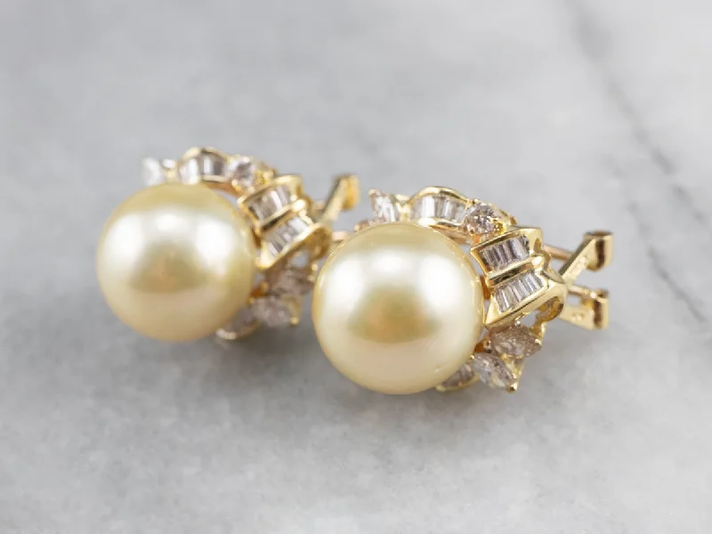 ladies earrings statement rose gold-Pearl Diamond 18K Gold Statement Earrings