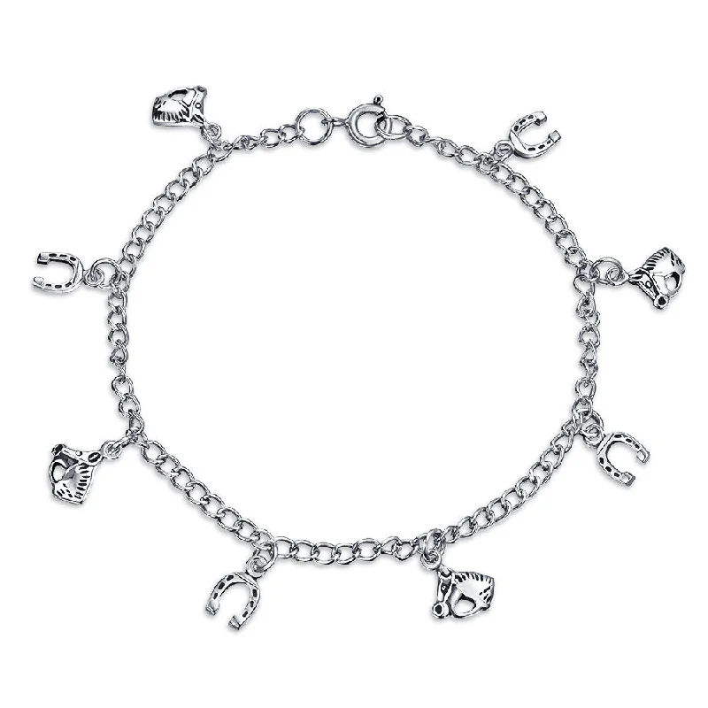 Ladies bracelets Mother’s Day treasures-Good Luck Horseshoe Horses Charm Bracelet Pave CZ .925 Sterling Silver