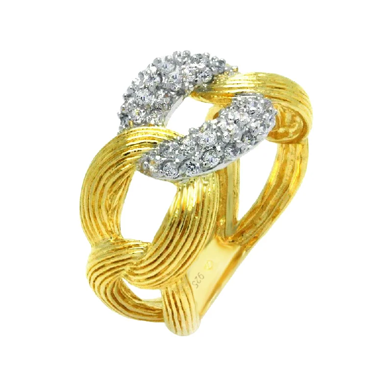 ladies ring lab-grown diamonds-Silver 925 Rhodium and Gold Plated 2 Toned Clear CZ Link Ring - BGR00357