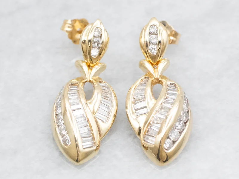 ladies earrings vintage gold-Yellow Gold Diamond Drop Earrings