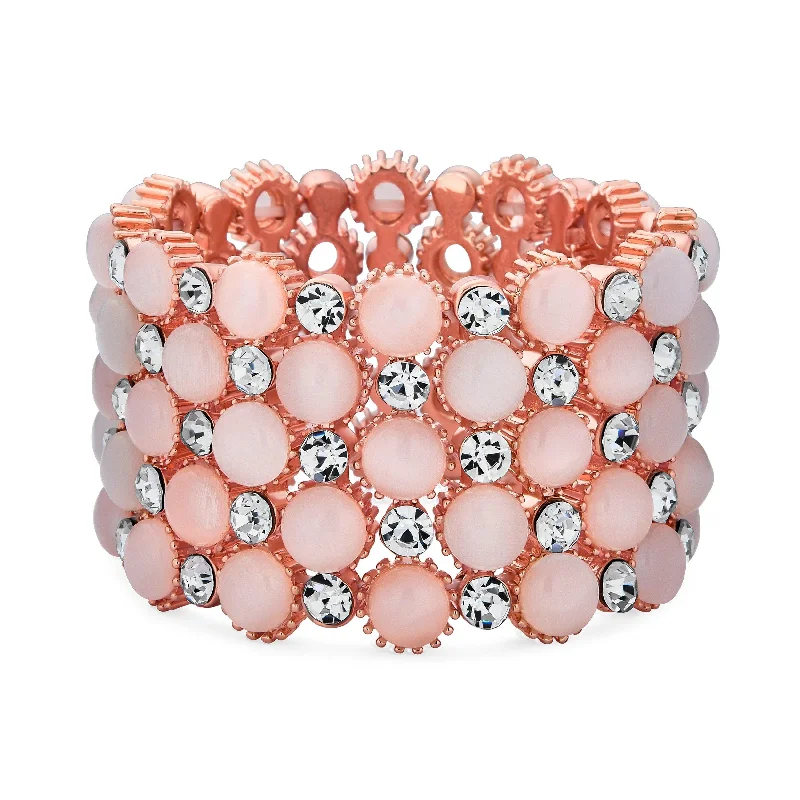 Ladies bracelets petite charm designs-Holiday Fashion Pink Cats Eye Crystal Stretch Bracelet Rose Gold Plated Cuff