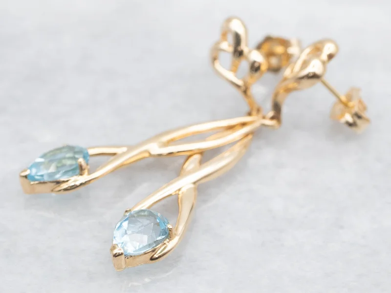 ladies earrings unique silver-Twisting Gold Blue Topaz Drop Earrings