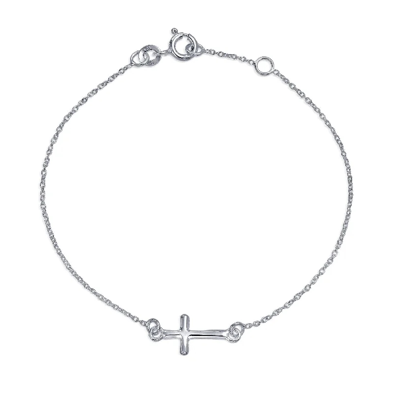 Ladies bracelets five-stone designs-Religious Horizonal Sideways Cross Bracelet Communion Sterling Silver