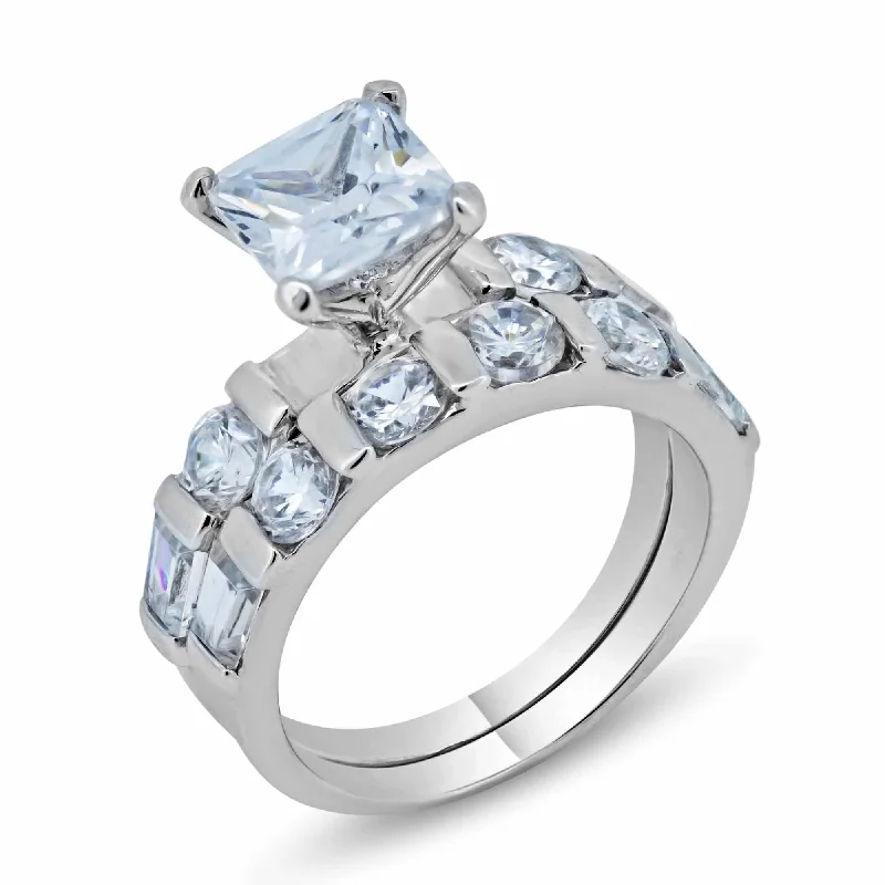 ladies ring lab-grown stones-Silver 925 Rhodium Plated Clear CZ Square Ring - BGR00093