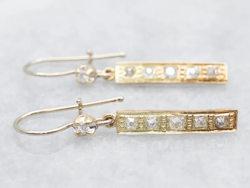 ladies earrings retro-Round and Old Mine Cut Diamond Bar Drop Earrings