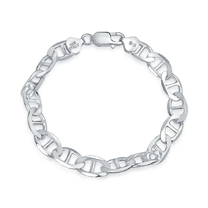 Ladies bracelets romantic floral styles-Flat  Sterling Silver Anchor Chain Link Bracelet for Men Made in Italy