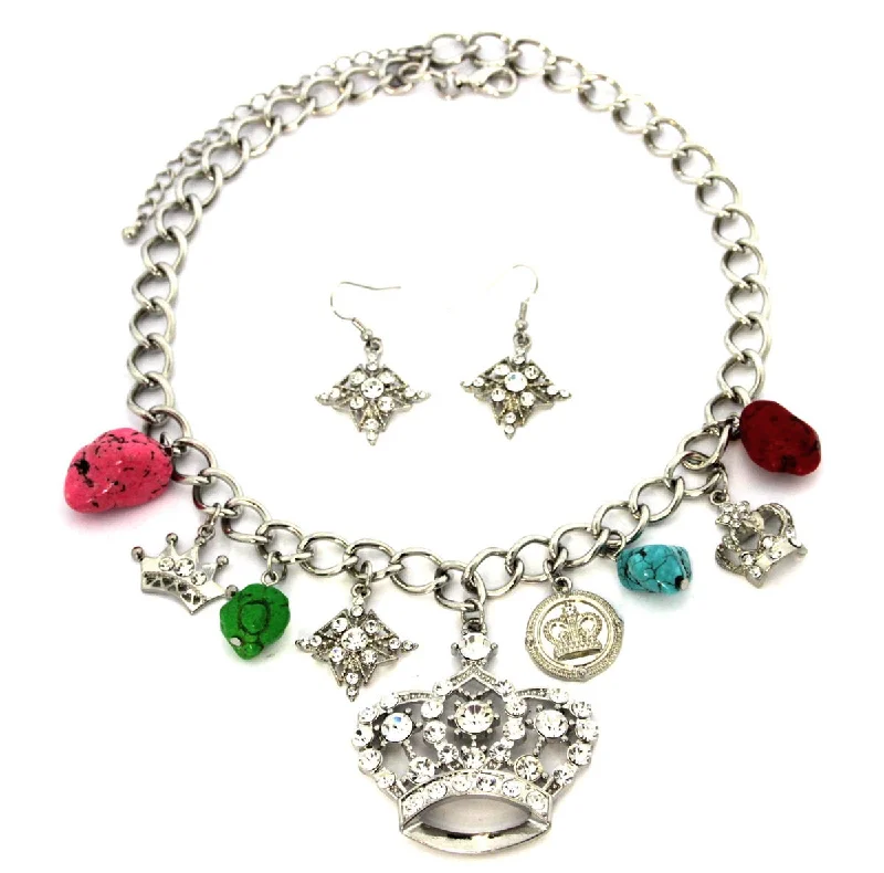 Ladies necklaces bezel set designs-Crown Charm Necklace & Earrings