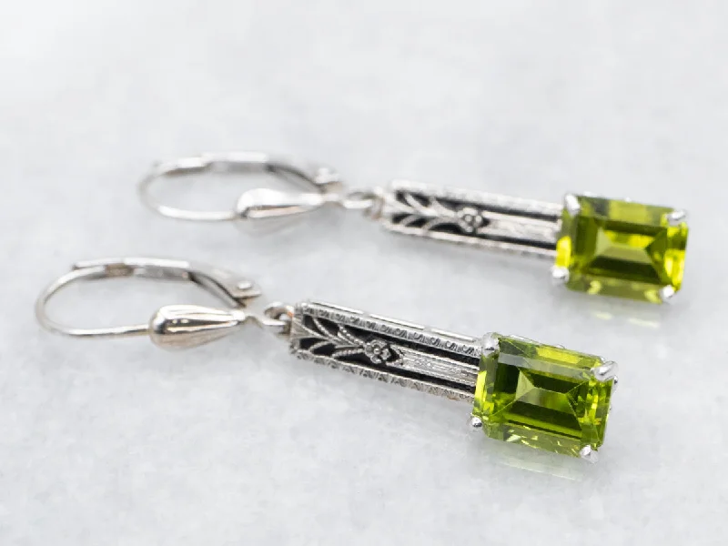 ladies earrings chunky silver-Black Enamel Peridot Filigree Bar Drop Earrings