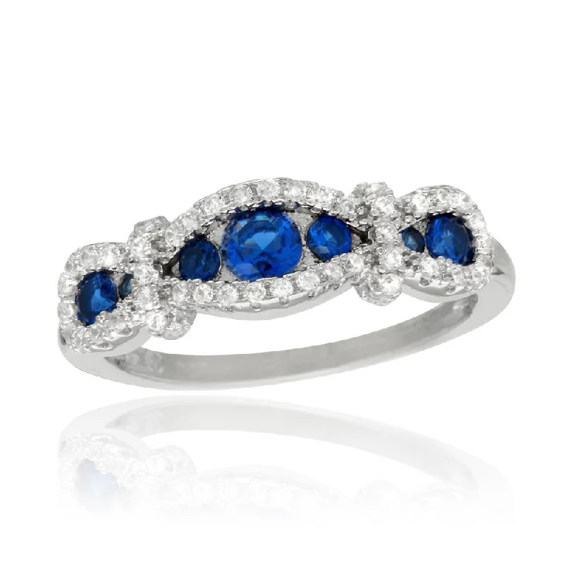 ladies ring textured-Rhodium Plated 925 Sterling Silver Knotted Blue CZ Ring - BGR01112BLU