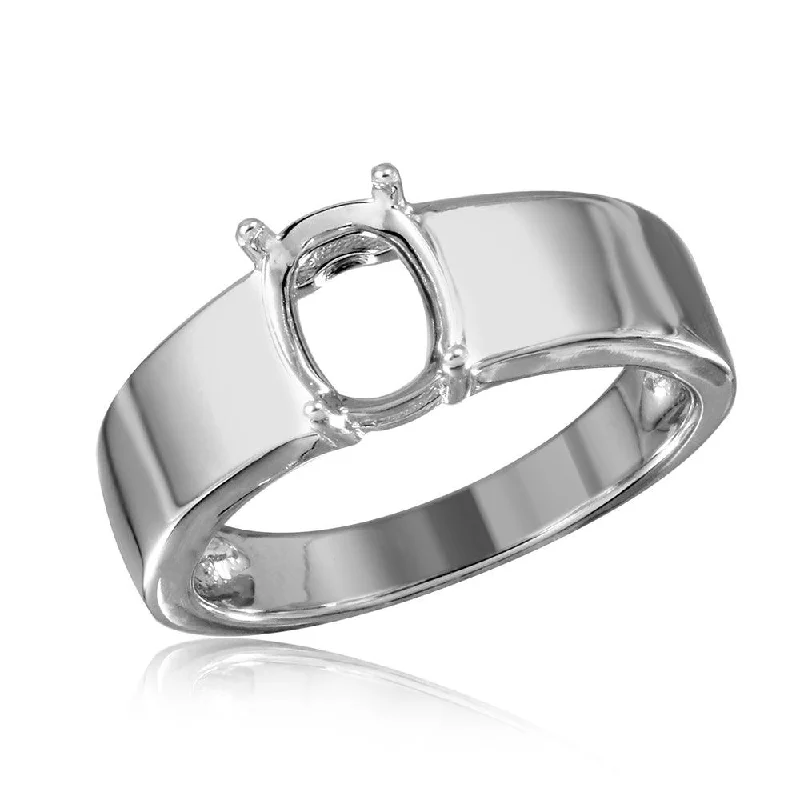 ladies ring bold gold-Silver 925 Rhodium Plated High Polished Band Single Stone Mounting Ring - BGR00935