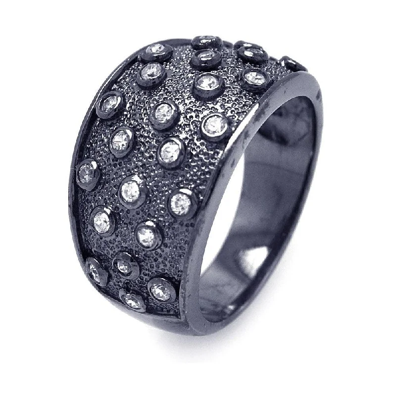 ladies ring bold gold-Silver 925 Black Rhodium Plated CZ Textured Cigar Band Ring - STR00825