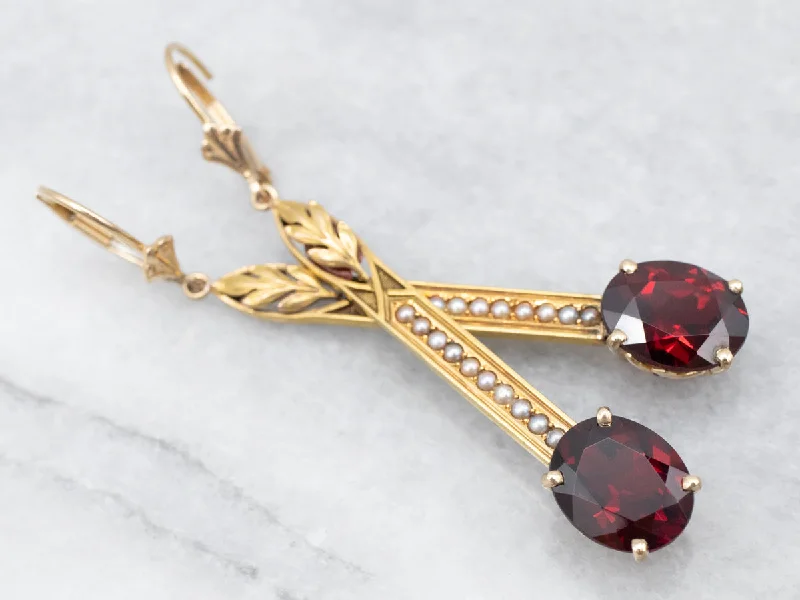 ladies earrings white gold-Gleaming Yellow Gold Garnet and Seed Pearl Drop Earrings