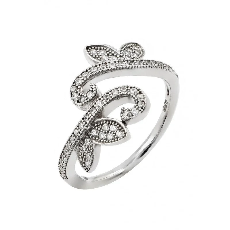 ladies ring trendy silver-Silver 925 Rhodium Plated Pave Set Clear CZ Leaf Vine Ring - GMR00007