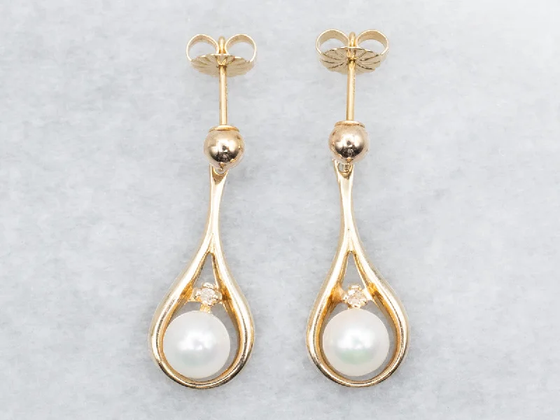 ladies earrings ethical-Saltwater Pearl and Diamond Drop Earrings