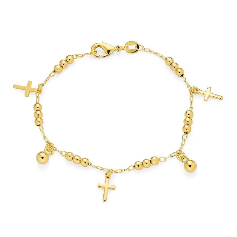 Ladies bracelets avant-garde designs-Christian Religious Beads Charm Cross Bracelet 18K Gold Plated Brass 7.5 Inch